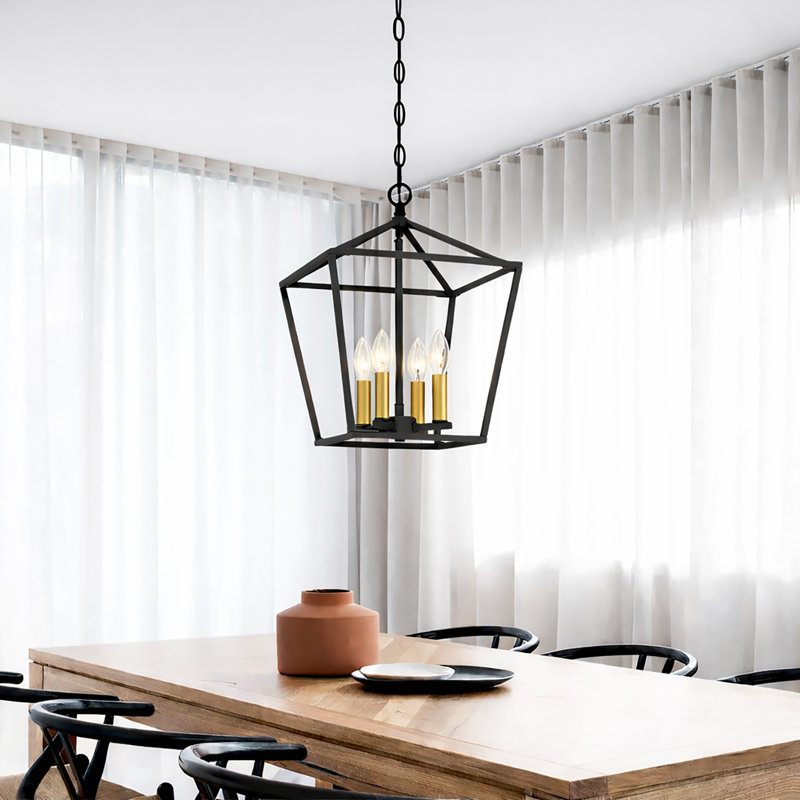 Allis 4 - Light Steel Dimmable Geometric Lantern Dining Room Chandelier, Aged Zinc/Satin Brass