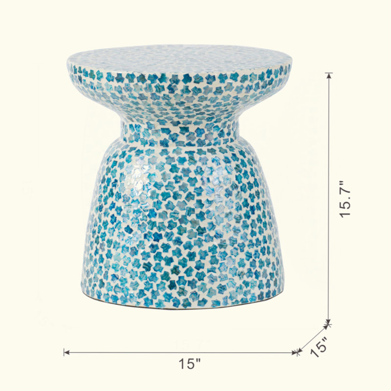 D15x16" Capiz Garden Stool Small Side Tabel, Blue Accent Round End Table