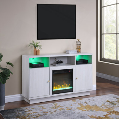 Meuble télé avec foyer, lumière DEL, armoires, tablettes Ambrogio