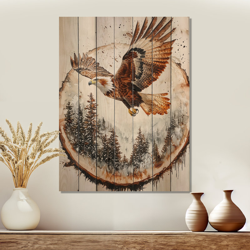 Aigle, esprit du vent dans la forêt hivernale I - aigle, art mural en bois sur bois de pin naturel