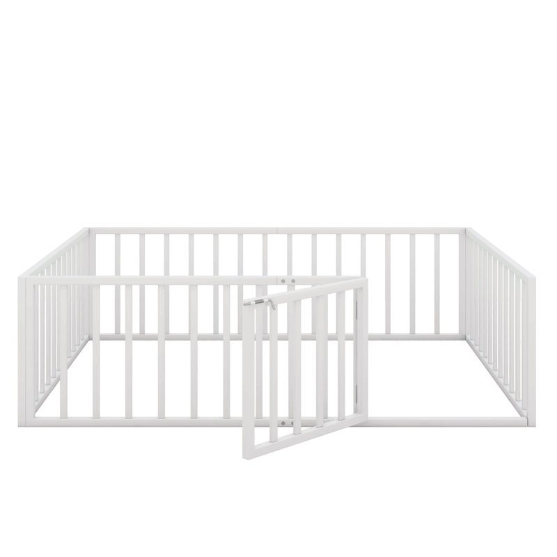 Diocles Metal Floor Bed Frame with Fence & Door, Full, White