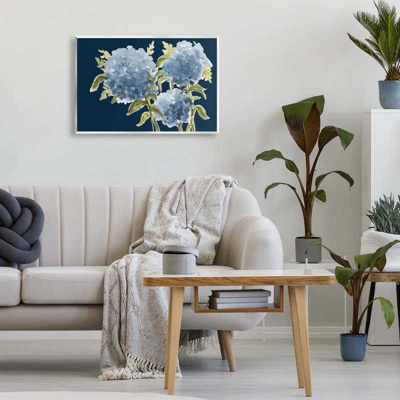 Plaque murale hortensias bleus sur indigo, design par Janice Gaynor, H 13 po x l 19 po