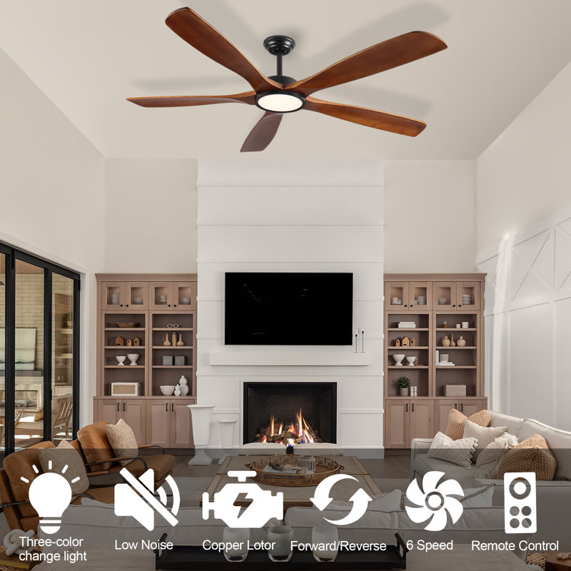 Ventilateur de plafond standard à 5 pales à DEL avec télécommande et ensemble d'éclairage pour le salon, 60" W