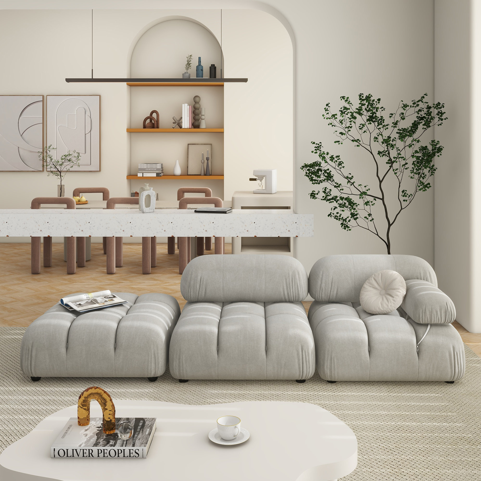 Sigma Upholstered Chaise Lounge, Pebble Gray Corduroy