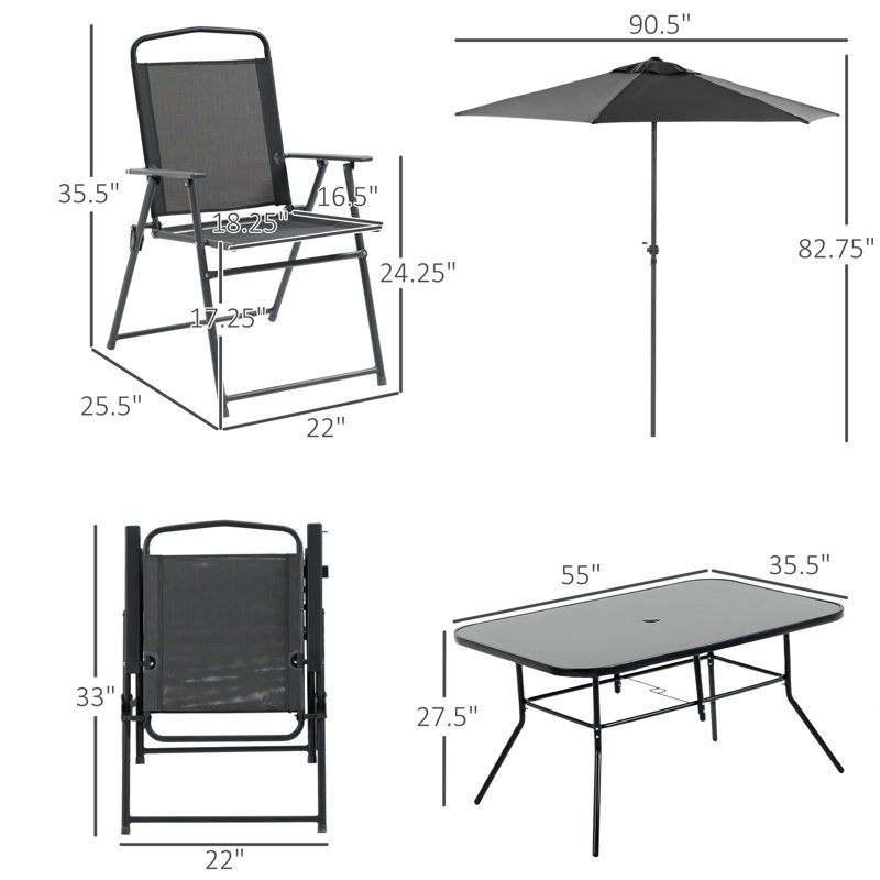 Jovannie Rectangular 6 - Person 55" Long Dining Set with Umbrella, Black