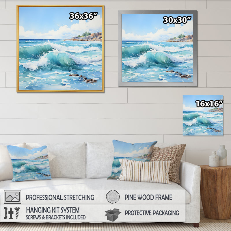 Turquoise Seascapes Capture The Vastness - Nautical & Beach Canvas Wall Art, H 36 po x l 36 po, Cadre flottant doré