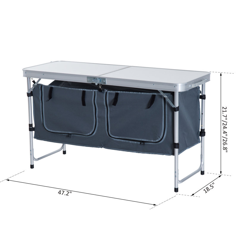 Table de camping pliante en aluminium Outsunny de 47 po, table de pique-nique extérieure à hauteur réglable avec poignée de transport et rangement