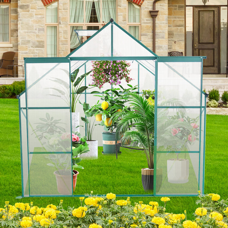 Serre en polycarbonate de 8 pi x 8 pi pour l'extérieur, avec base galvanisée, système de ventilation dans toutes les saisons, serre robuste, bonnes plantes d'extérieur