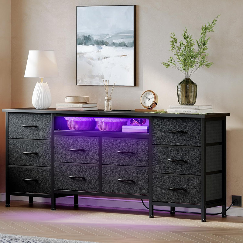 10 Fabric Drawers Long Dresser, Up To 75 Inch Tvs, Black