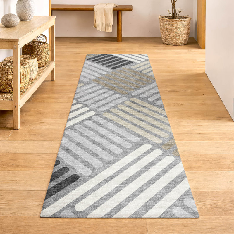Premium Machine Washable Mayfield AMF2339 Geometric Rug, Gray, 2'3" x 7'6" Runner