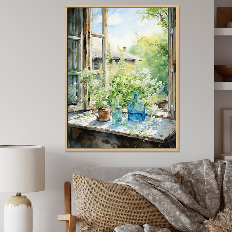 Art mural sur toile vert et bleu campagne avec charme I, Cadre flottant brun, 40" H x 30" W