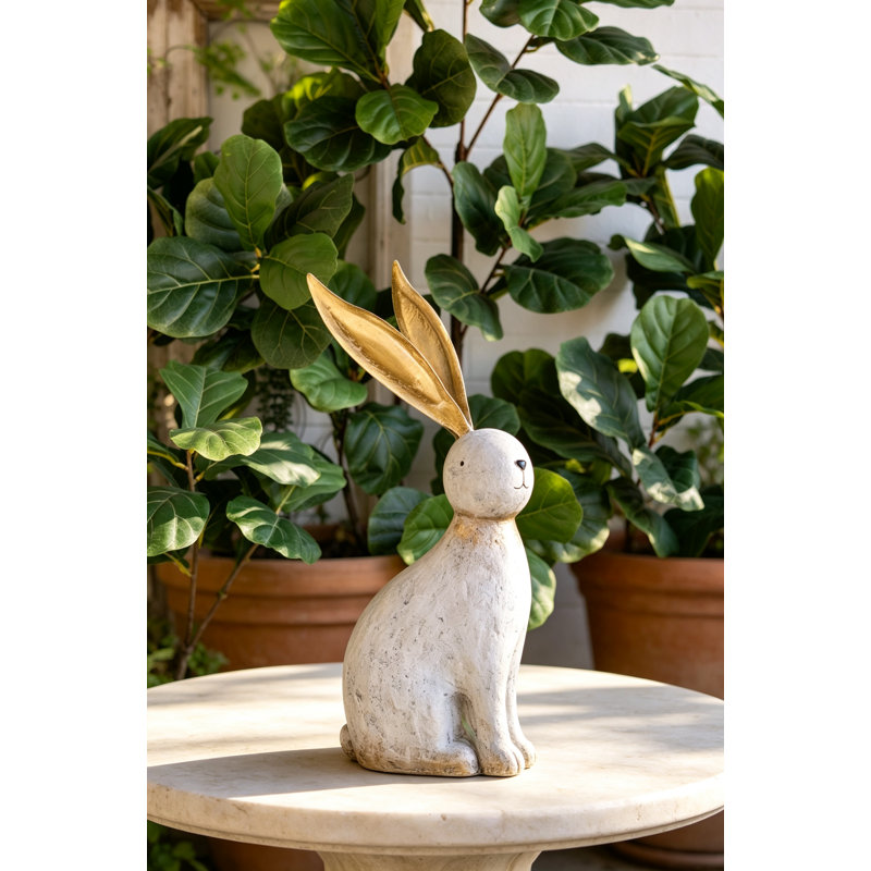 Figurine de lapin en magnésium blanc ludique avec oreilles en fer doré, parfaite pour un décor moderne et rustique