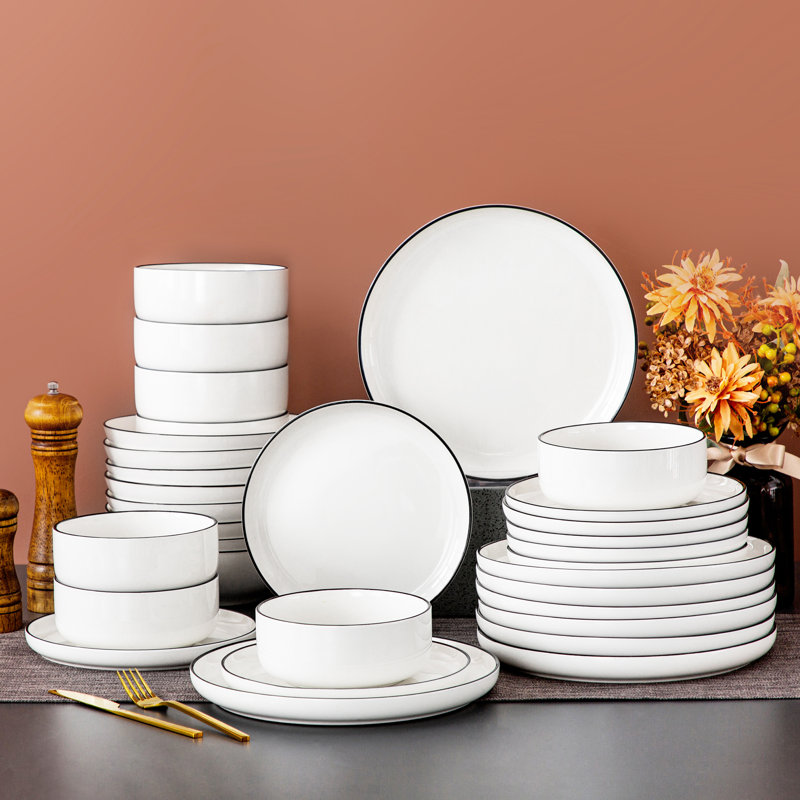 32 Pieces Dinnerware Set, Round Plate, Vertical Edge, Plain White With Black Border, Dinner Plate, Dessert Plate, Bowl And Soup Plate, Serve For 8 Person, Microwave Friendly And Dishwasher Friendly