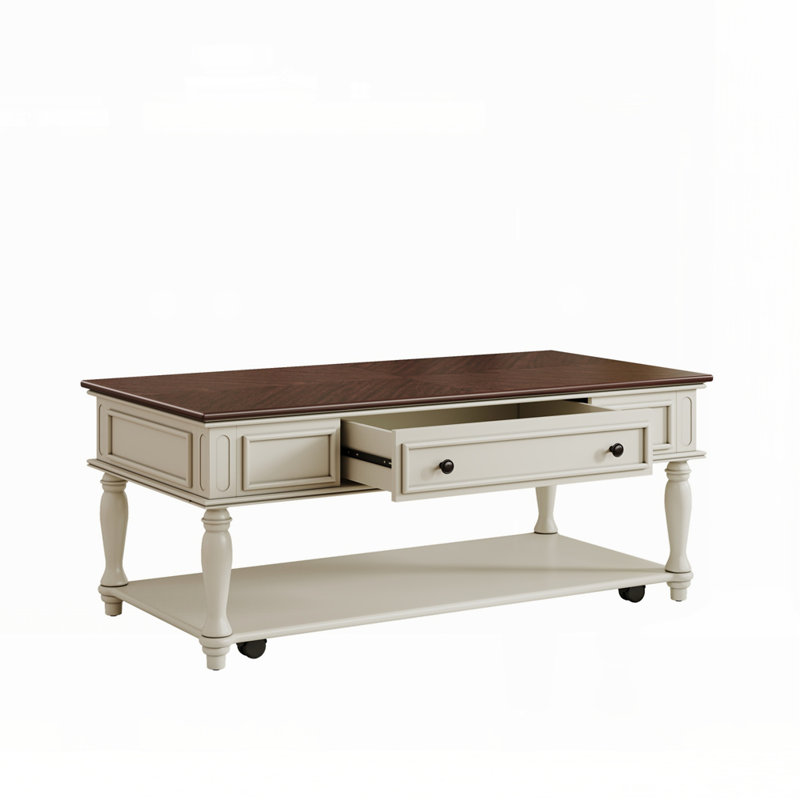 Table basse Farmhouse avec un tiroir, Blanc/noyer