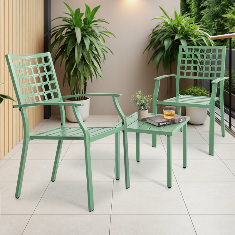 Ensemble bistro 3 pièces en métal avec chaises empilables et table d'appoint carrée