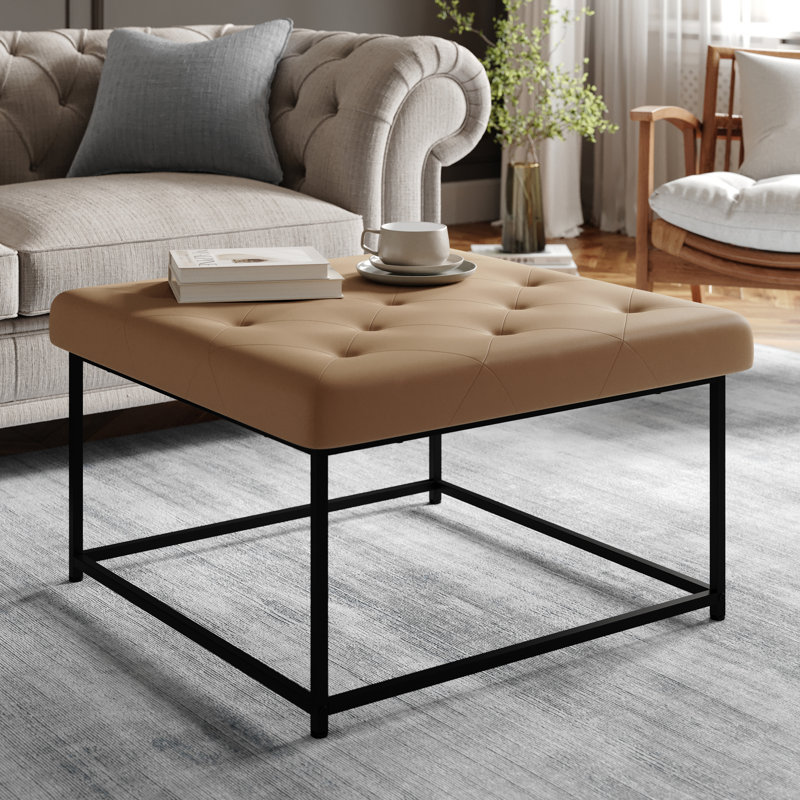Makaiden 30" Square Upholstered Tufted Ottoman with Metal Frame, Brown