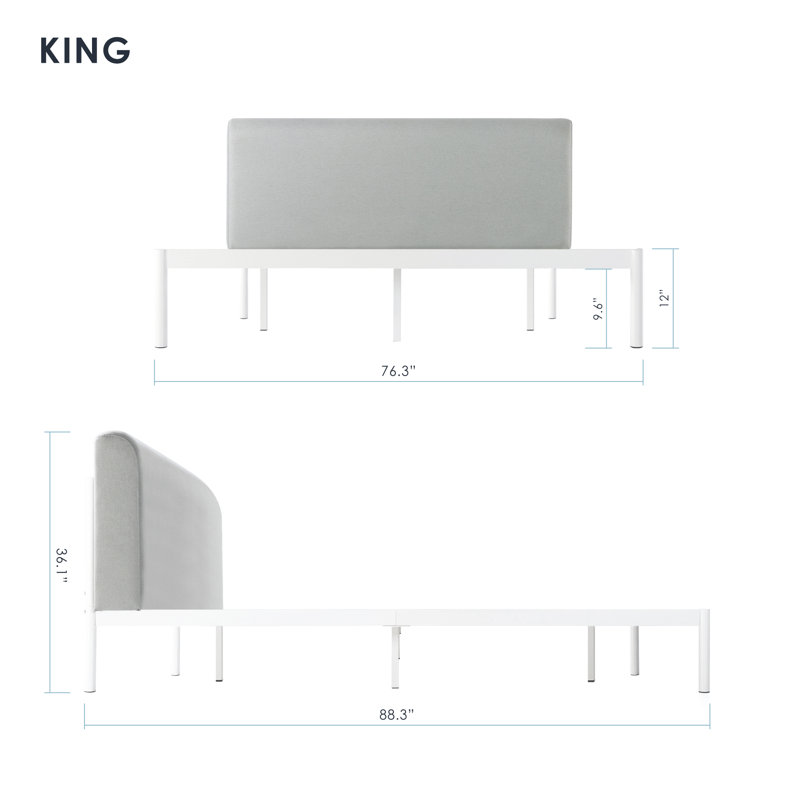 Bree Metal Upholstered Platform Bed with Curved Headboard, King, Sky Gray