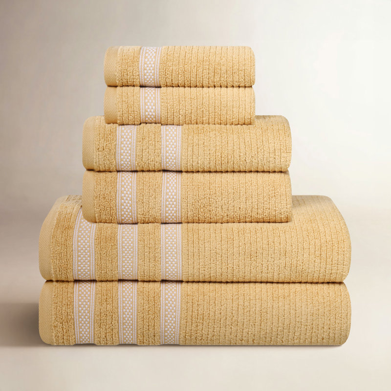 Ilseruth Zero Twist Cotton Ribbed Modern Geometric Border Soft 6 Piece Bathroom Towel Set, Gold