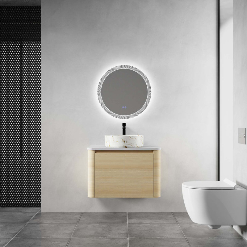 Meuble-lavabo mural 30 po avec lavabo d'art en céramique et 2 portes à fermeture en douceur, Marbre blanc