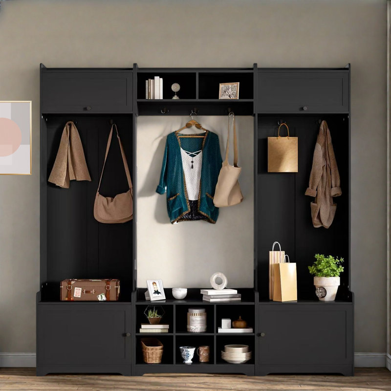 Arbre d'entrée 4 en 1 moderne avec rangement pour chaussures, casiers, crochets à manteau et tablettes réglables, Noir