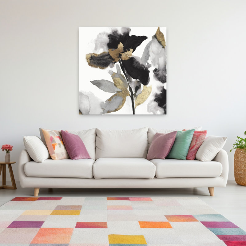 Pétales noirs, feuilles d'or II, art floral délicat et abstrait, H 48 po x l 48 po