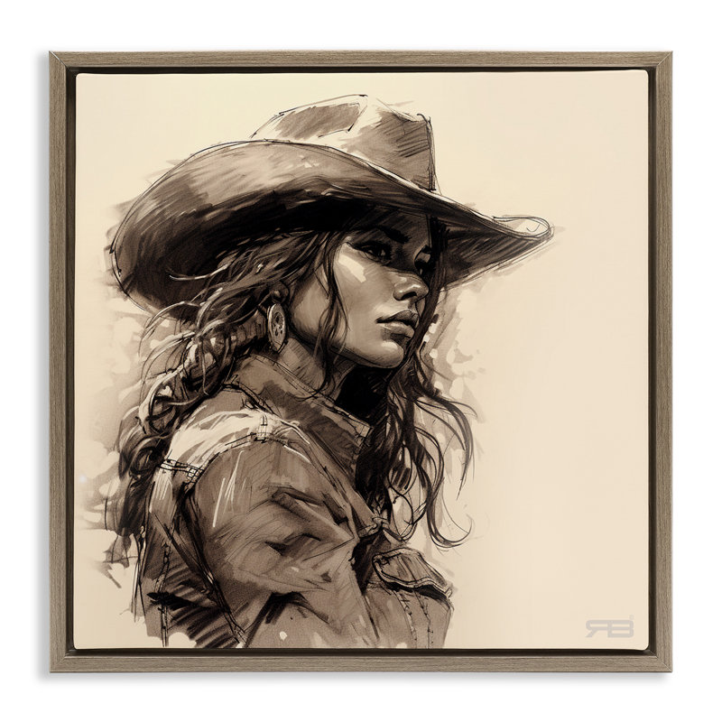 «Stoic Cowgirl Look Away Floater», art mural sur toile par RB, Cadre flottant orme Montalcino, H 25 po x l 25 po