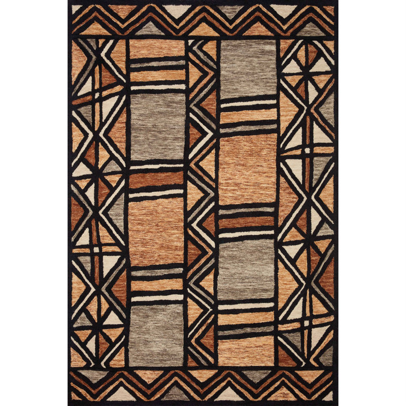 Tapis brun / noir / gris en laine touffeté à la main à motif géométrique Nala, Carré 1 pi 6 po