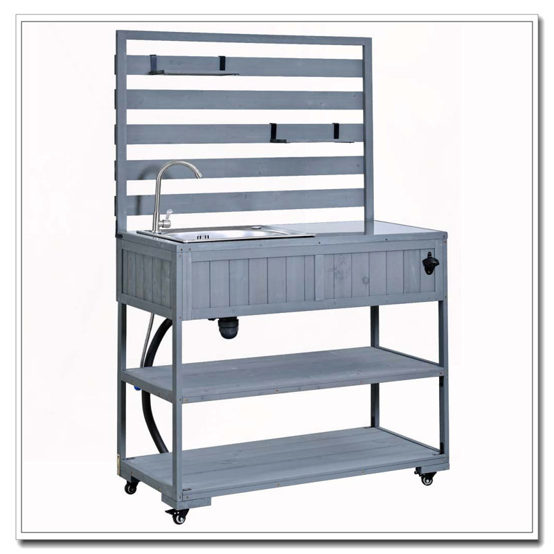 41.7'' Large Patio Rolling Kitchen Island Solid Wood Kitchen Cart with Sink, Garden Potting Bench with Stainless Table Top