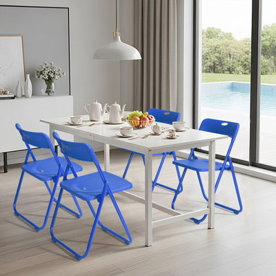 Ensemble de 4 chaises de patio pliantes bleu marine, sièges en plastique à structure en acier