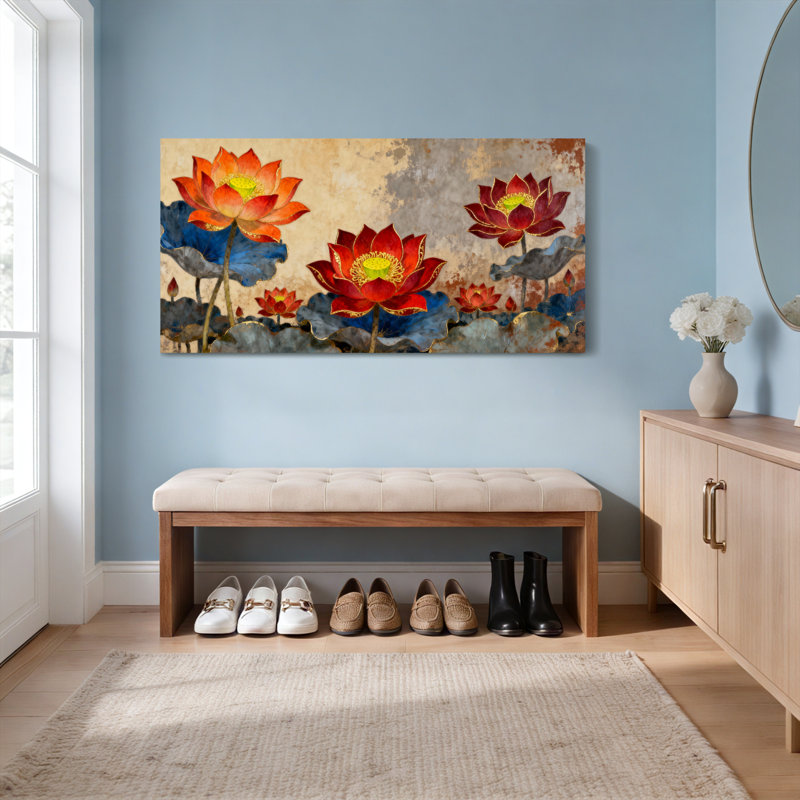 Ensemble de 1 tableau sur toile tendue de style vintage Fleurs de lotus, H 24 po x l 48 po