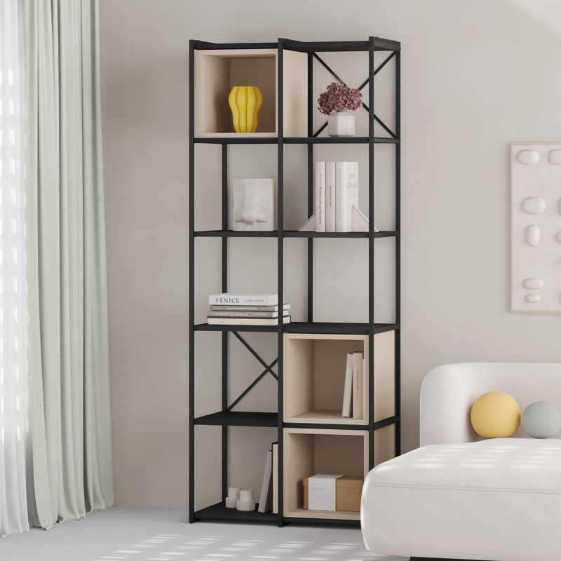 Vale 5-Shelf Display Bookcase with Cross Metal Frame, Black/Sandstone