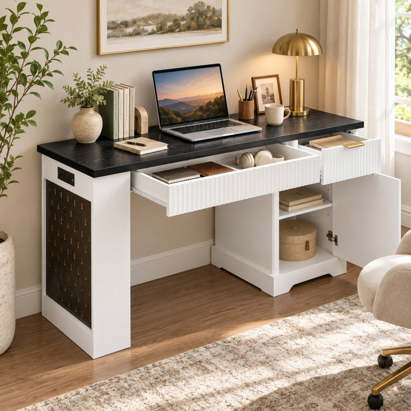 Bureau cannelé de 55 pouces avec armoire de rangement et prise électrique, Blacks Blanc