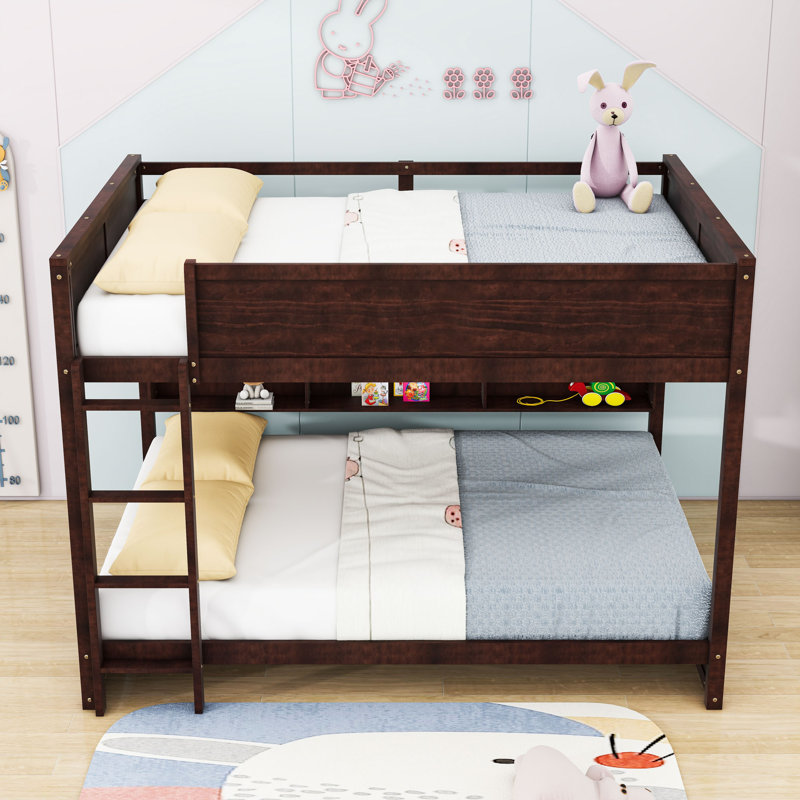Queen Over Queen Bunk Bed With Shelves, Charging Station, Ladder & Guardrails, Brown