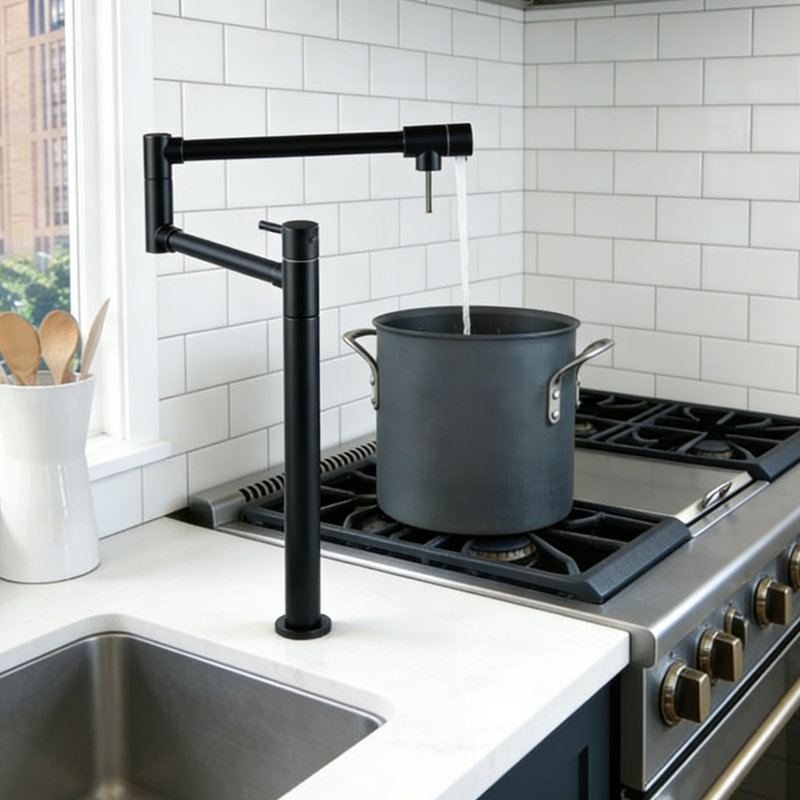 The 360°Movable Deck Mount Pot Filler Kitchen Faucet With Swing Arm & Double Handle, Black