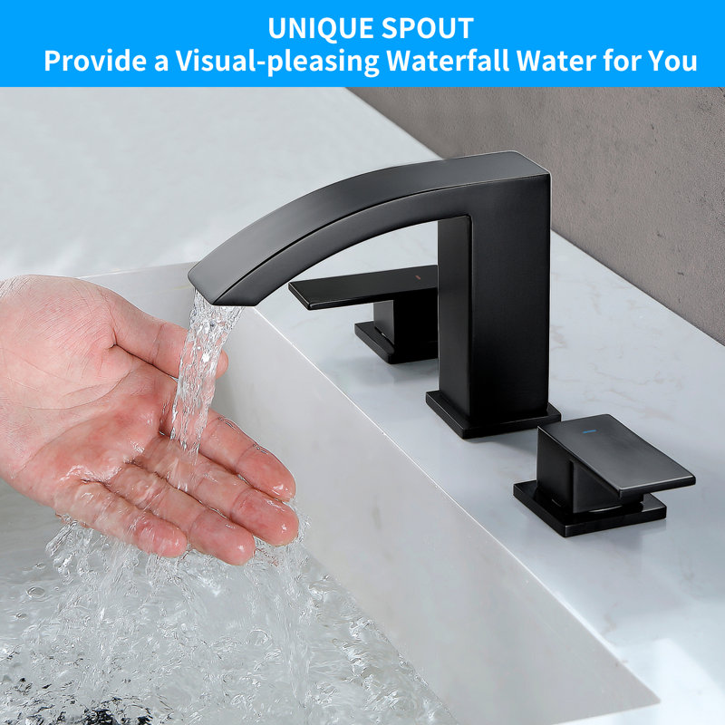 Waterfall 8 In. Widespread Double-Handle Bathroom Faucet Set 3-Holes Vanity Sink With Metal Drain, Matte Black