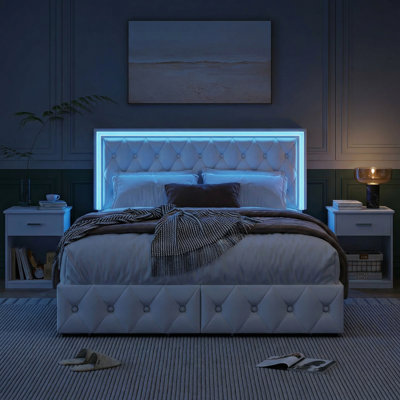 Athanasius Faux Leather Platform Bed with LED Lighting and Drawers