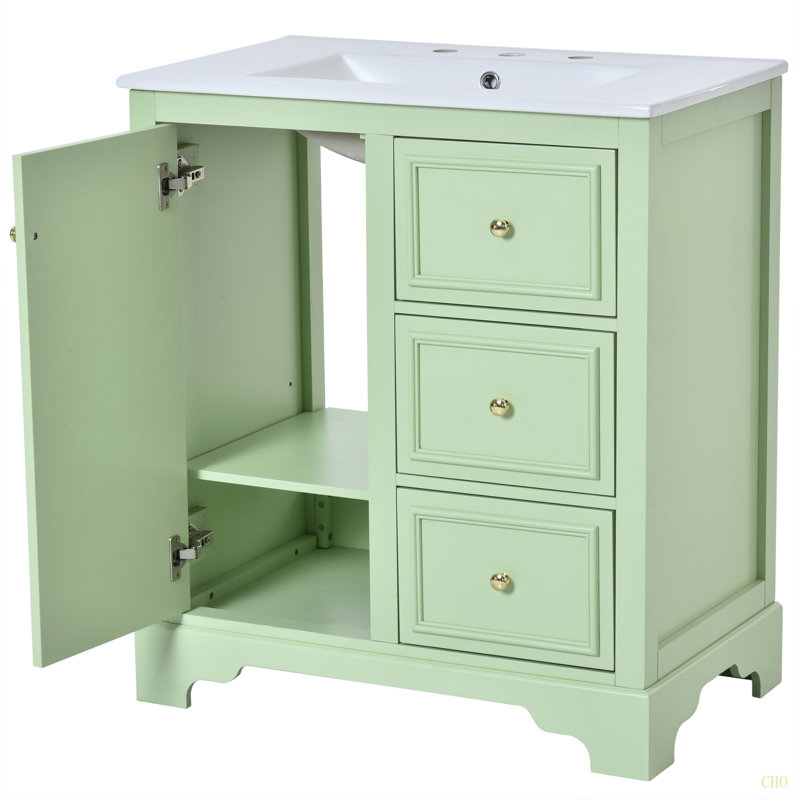 Armoire de meuble-lavabo 30 po avec lavabo en céramique, 3 tiroirs et tablettes réglables, Vert