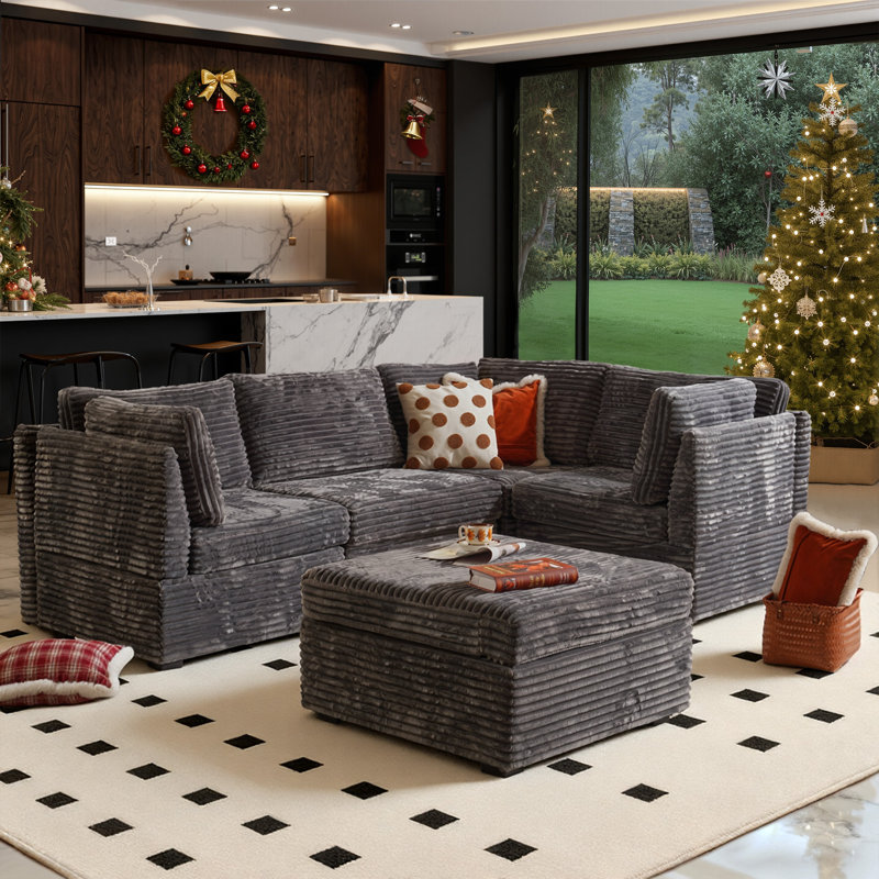 5-Piece Upholstered Corduroy Sectional, Gray Corduroy