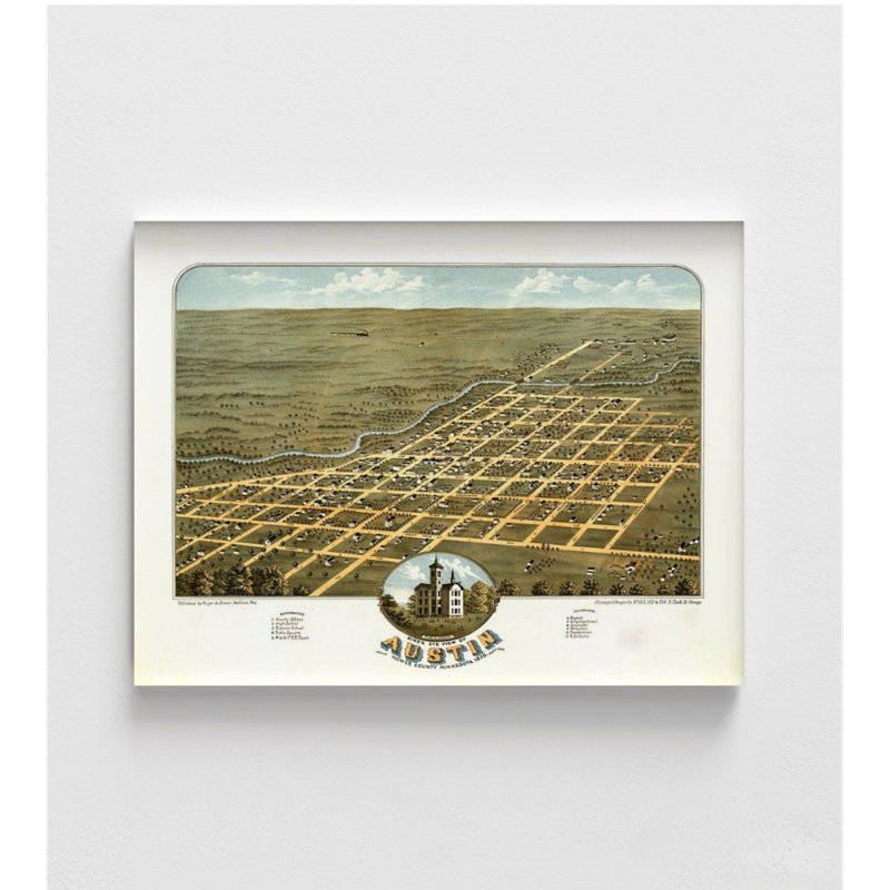 Vue d'oiseaux du comté d'Austin-Mower, Minnesota, 1870, H 12 po x l 16 po, Impression sans cadre