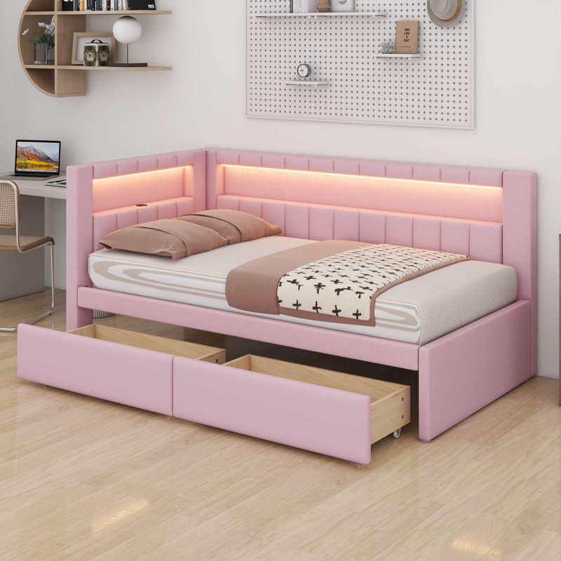 Twin Size Upholstered Daybed With Drawers And USB/LED Belt, Corner Bed With Drawers, Pink