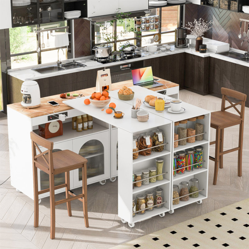 Rolling Kitchen Island With Extended Table, Kitchen Island On Wheels With LED Lights,Power Outlets And 2 Fluted Glass Doors, Kitchen Island With A Storage Compartment And Side 3 Open Shelves