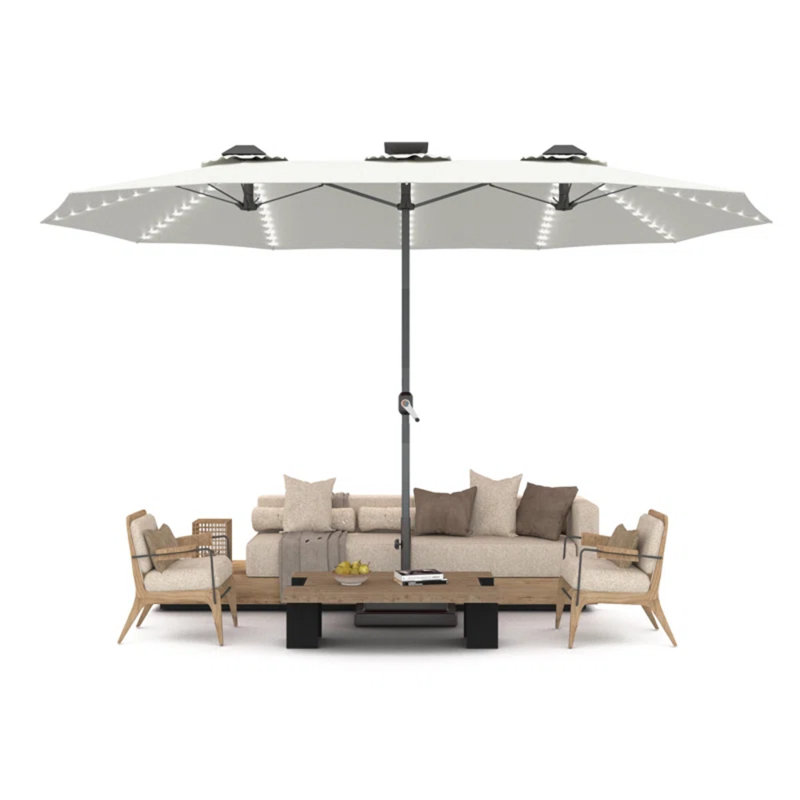 15Ft Large Double Umbrella With Solar Lights, Beige