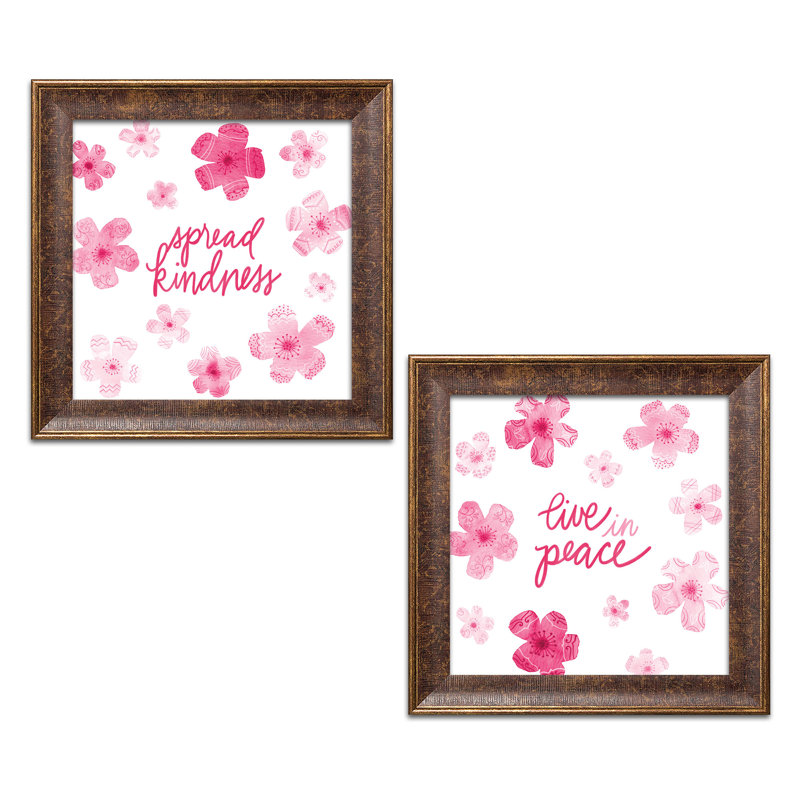 Ensemble d'art textuel 2 pièces "Spread Kindness and Live In Peace Floral" rose et blanc, H 12 po x l 12 po x P 0,75 po