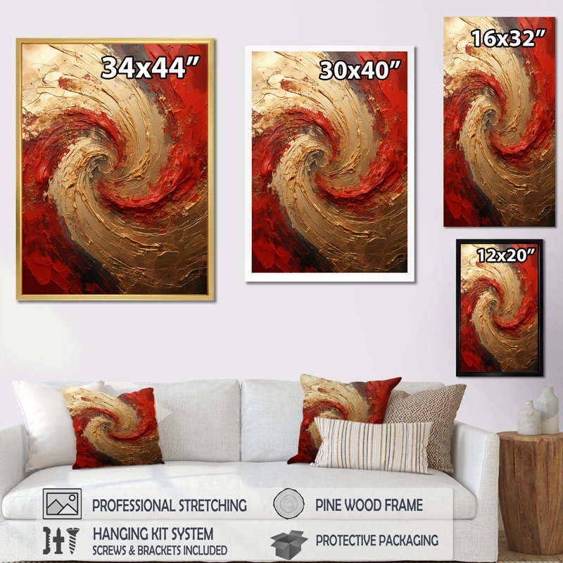 Red Gold Fusion Spiral - Abstract Spirals, art mural, Toile tendue, H 40 po x l 30 po, Sans cadre