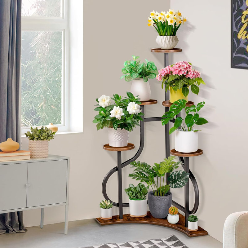 Support pour plante, support pour plante d'angle à 5 niveaux avec base en forme de L, Noyer / noir