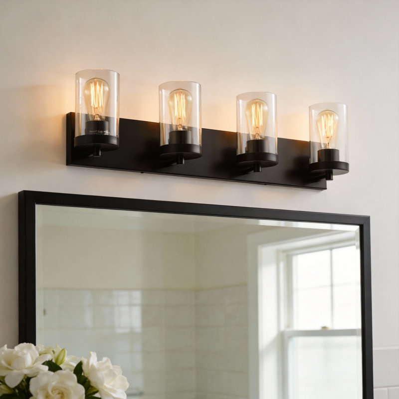Luminaire de meuble-lavabo 3 lumières Cleofas avec abat-jour en verre transparent, Noir mat, Quatre lumières