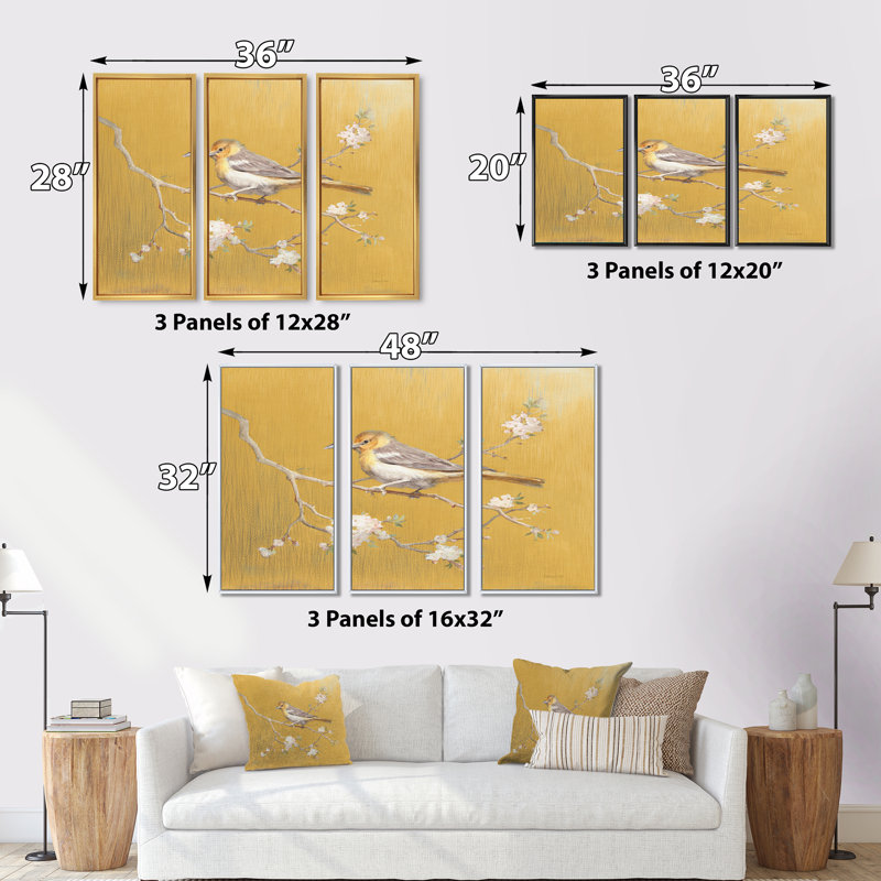 «Gold Bird On Blossoms I», reproduction sur toile flottante 3 pièces, L 36 po x H 20 po, Cadre blanc