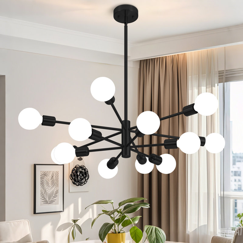 Lustre linéaire spoutnik moderne à 12 lumières Lilwenn, Noir mat