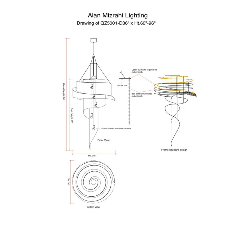 Lustre nébuleux spiralé en cristal clair, H 126 po x l 40 po x P 40 po, Laiton poli, Nickel brossé