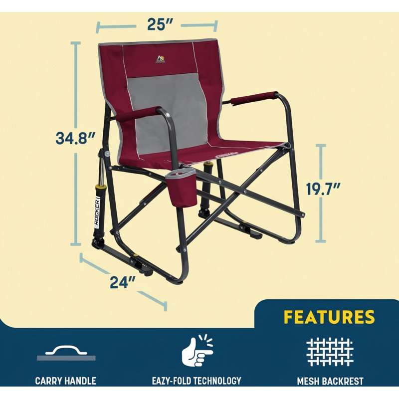 Outdoor Freestyle Rocker Camping Chair, Portable Folding Rocking Chair With Sturdy Armrests, Drink Holder & Comfortable Backrest, Cinnamon